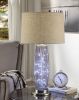 28" Nickel Metal Mason Jar Bedside LED Table Lamp With Natural Drum Shade