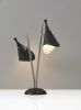 22" Black and Silver Metal Two Light Desk Lamp With Black Cone Shades