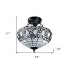 Blue and Black Tiffany Style Two Light Glass Dimmable Semi Flush Ceiling Light