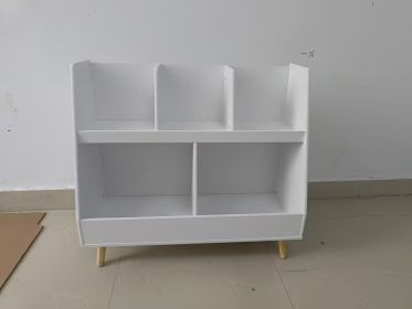 Kids Bookshelf and Toy Organizer, 5 Cubbies Wooden Open Bookcase, 2-Tier Baby Storage Display Organizer with Legs, Free Standing for Playing Room