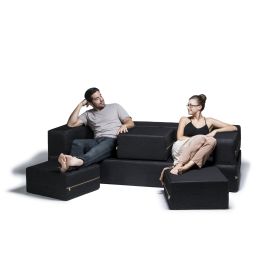 Jaxx Zipline Denim Convertible Sleeper Sofa & Ottomans, Black