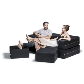 Jaxx Zipline Denim Convertible Sleeper Loveseat & Ottomans, Black