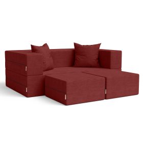 Jaxx Zipline Convertible Sleeper Loveseat & Ottomans, Textured Microvelvet (Color: Berry Red)