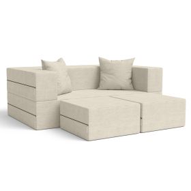 Jaxx Zipline Convertible Sleeper Loveseat & Ottomans, Textured Microvelvet (Color: Ivory)