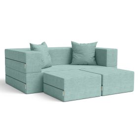 Jaxx Zipline Convertible Sleeper Loveseat & Ottomans, Textured Microvelvet (Color: Caribbean)