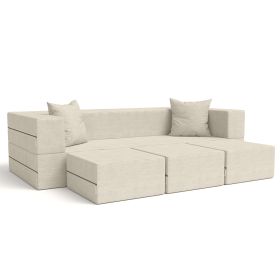 Jaxx Zipline Convertible Sleeper Sofa & Three Ottomans/California King-Size Bed, Textured Microvelvet (Color: Ivory)