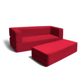 Jaxx Zipline Kids Sofa & Large Ottoman, 3 in 1 Fold Out Sofa, Big Kids Edition (Color: Cherry)