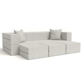 Jaxx Zipline Convertible Sleeper Sofa & Three Ottomans/California King-Size Bed, Textured Microvelvet (Color: Ice)