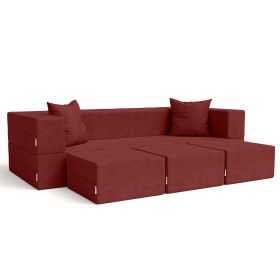 Jaxx Zipline Convertible Sleeper Sofa & Three Ottomans/California King-Size Bed, Textured Microvelvet (Color: Berry Red)