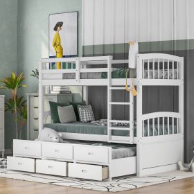 Twin over Twin Wood Bunk Bed with Trundle and Drawers (Color: White)
