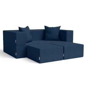Jaxx Zipline Convertible Sleeper Loveseat & Ottomans, Textured Microvelvet (Color: Indigo)