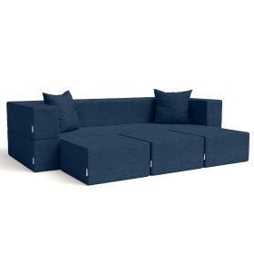Jaxx Zipline Convertible Sleeper Sofa & Three Ottomans/California King-Size Bed, Textured Microvelvet (Color: Indigo)