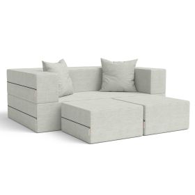 Jaxx Zipline Convertible Sleeper Loveseat & Ottomans, Textured Microvelvet (Color: Ice)